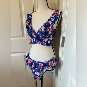 Floral Blue Ruffle Bikini Set